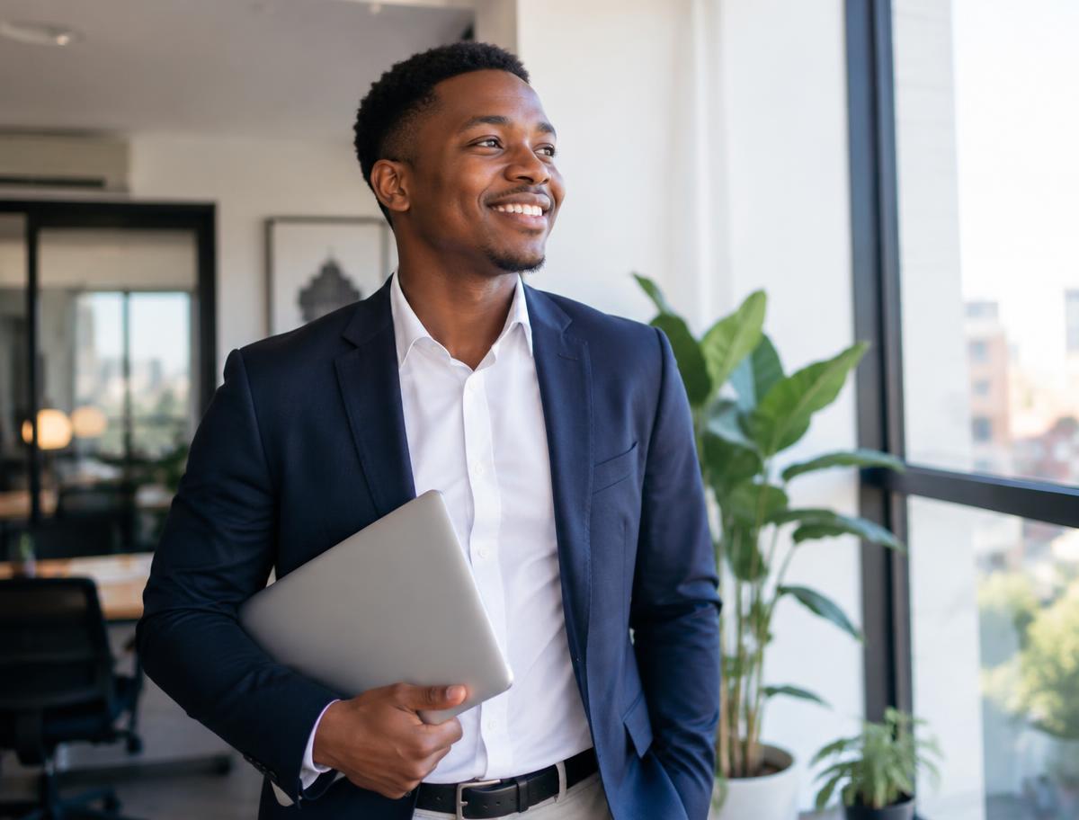 A smiling professional standing by a window in an office