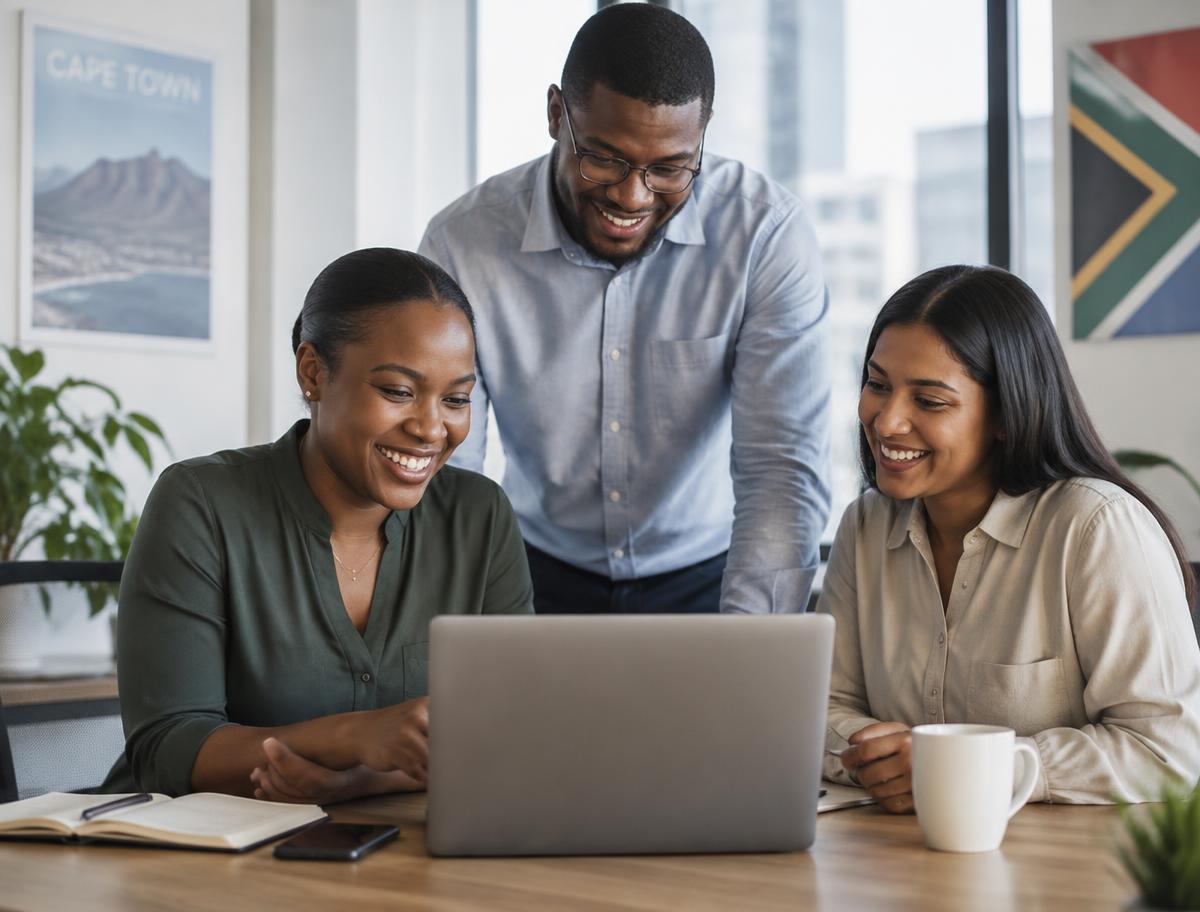 Three colleagues collaborating around a laptop